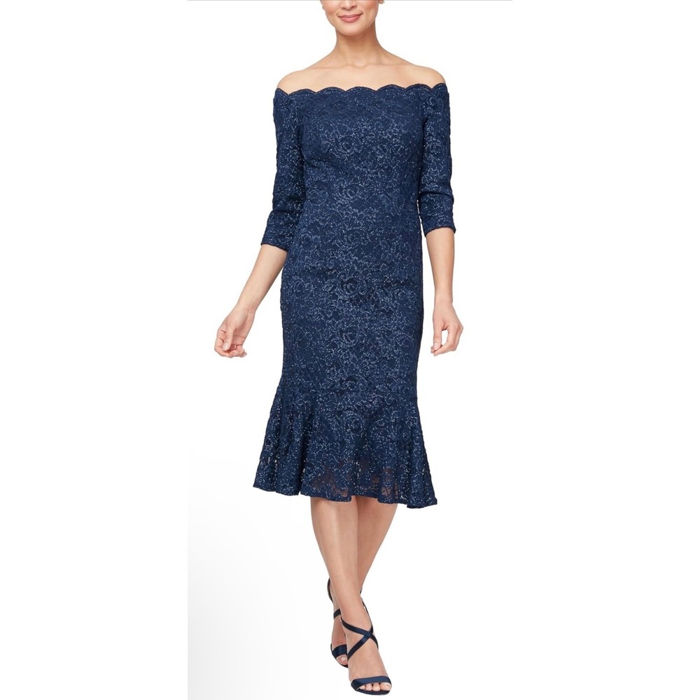 Alex Evenings 81122610 Navy Sequin Lace Off Shoulder Flounce Midi Dress Womens 8